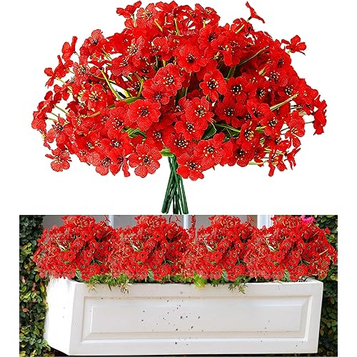 Yimingjin 12 Bundles Artificial Flowers UV Resistant Outdoor Plants No Fade Faux Plastic Shrubs Fake Silk Flowers Window Box Garden Porch Home Decoration(Red Flowers)