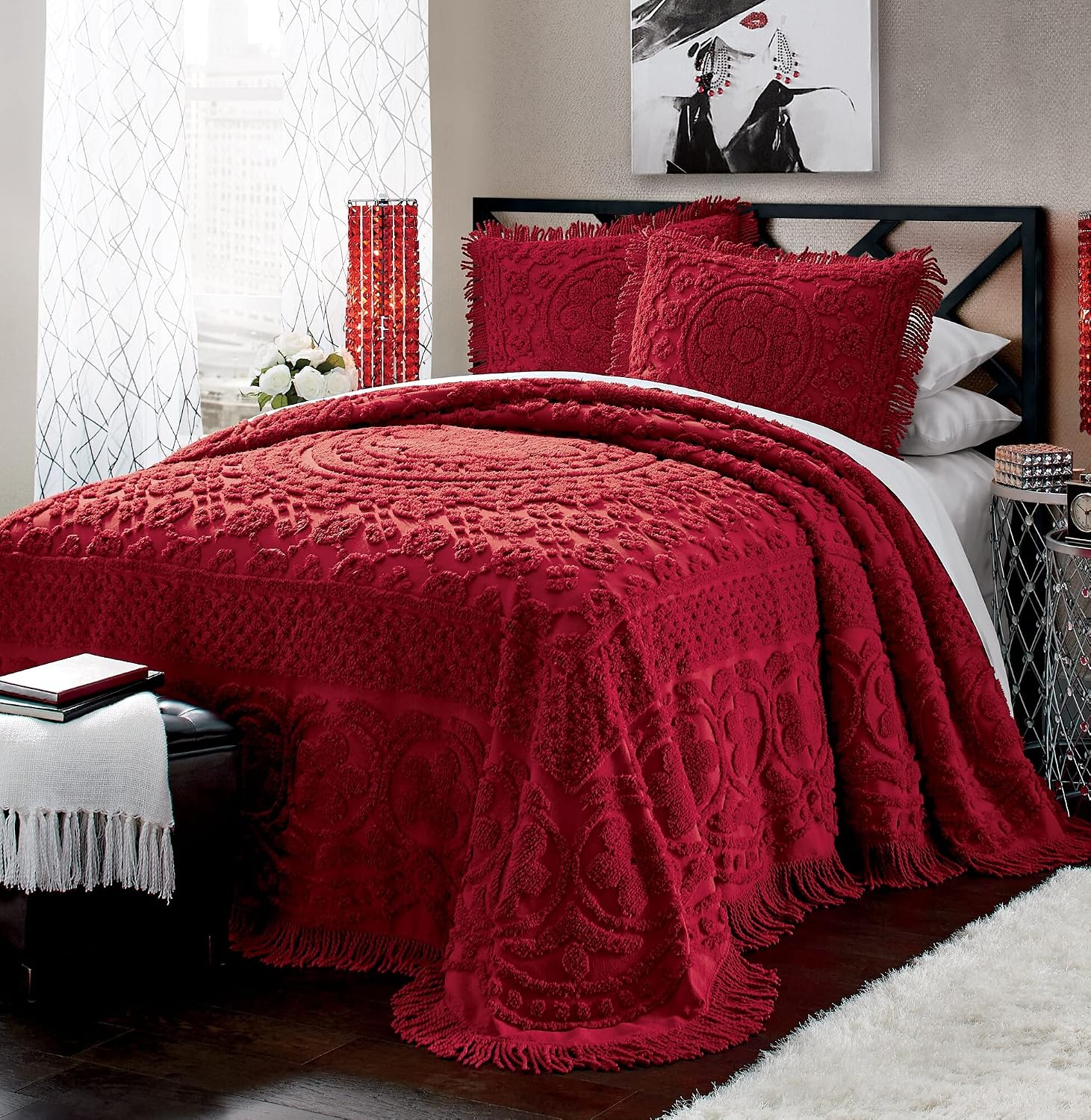 Montgomery Ward Emily Chenille Bedspread, Cal. King, Red