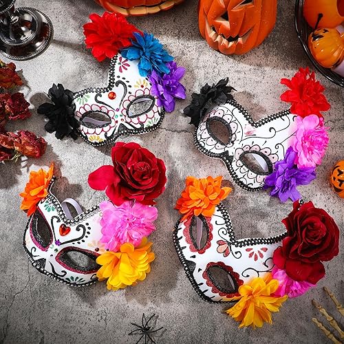 Miniatura 5 de Leyndo 4 piezas Día de los Muertos Azúcar Medio Calavera Máscara de Ojos Máscara Mexicana Mascarada Máscaras Halloween Cosplay Fancy Dress
