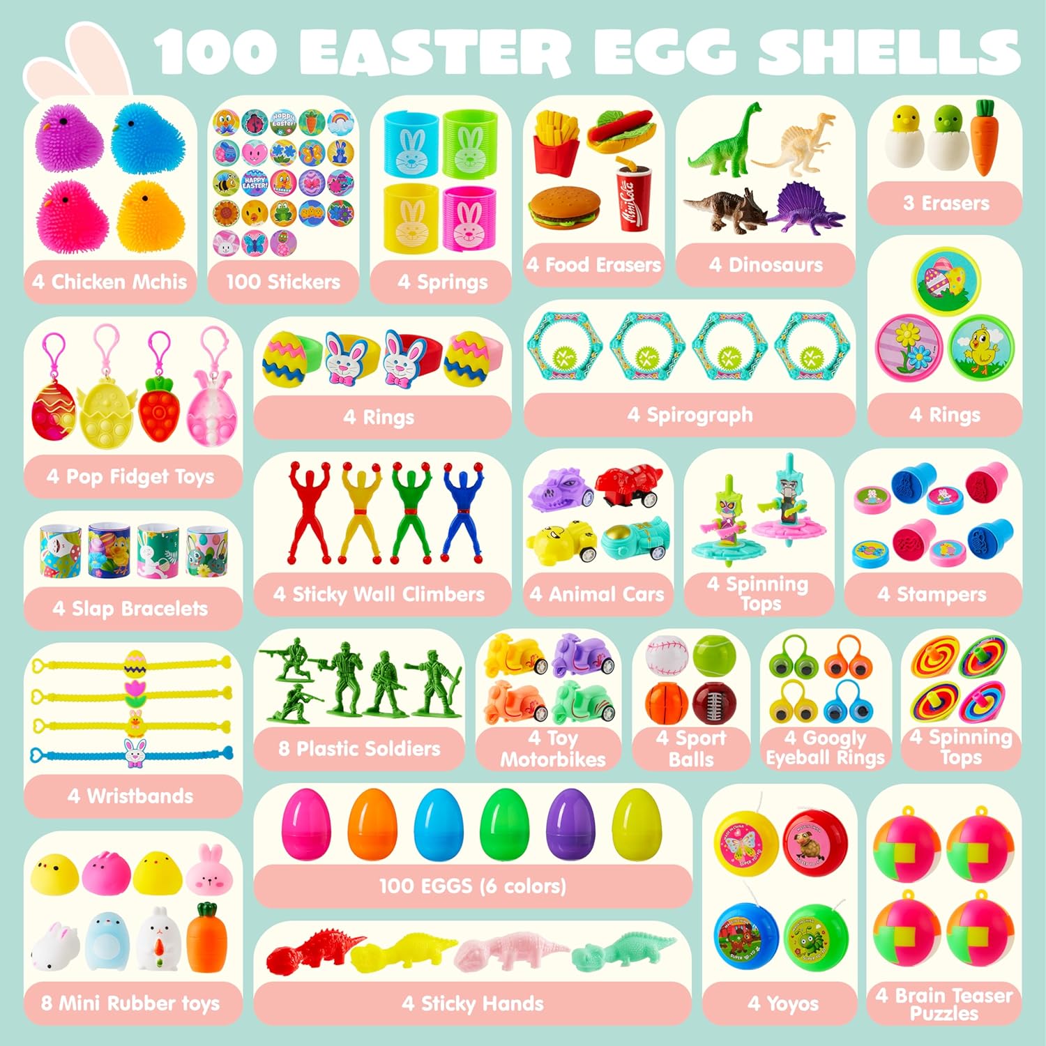 JOYIN 100 PCS Prefilled Easter Eggs with Assorted Toys Plus Stickers Inside, Plastic Eggs for Kids Hunt, Basket Stuffers Fillers, Party Favors, Classroom Prize Supplies