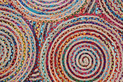 Miniatura 5 de CASAVANI Collection - Alfombra circular de 5 pies, redonda, multicolor, de yute de algodón chindi, alfombra de kilim para interiores y exteriores,