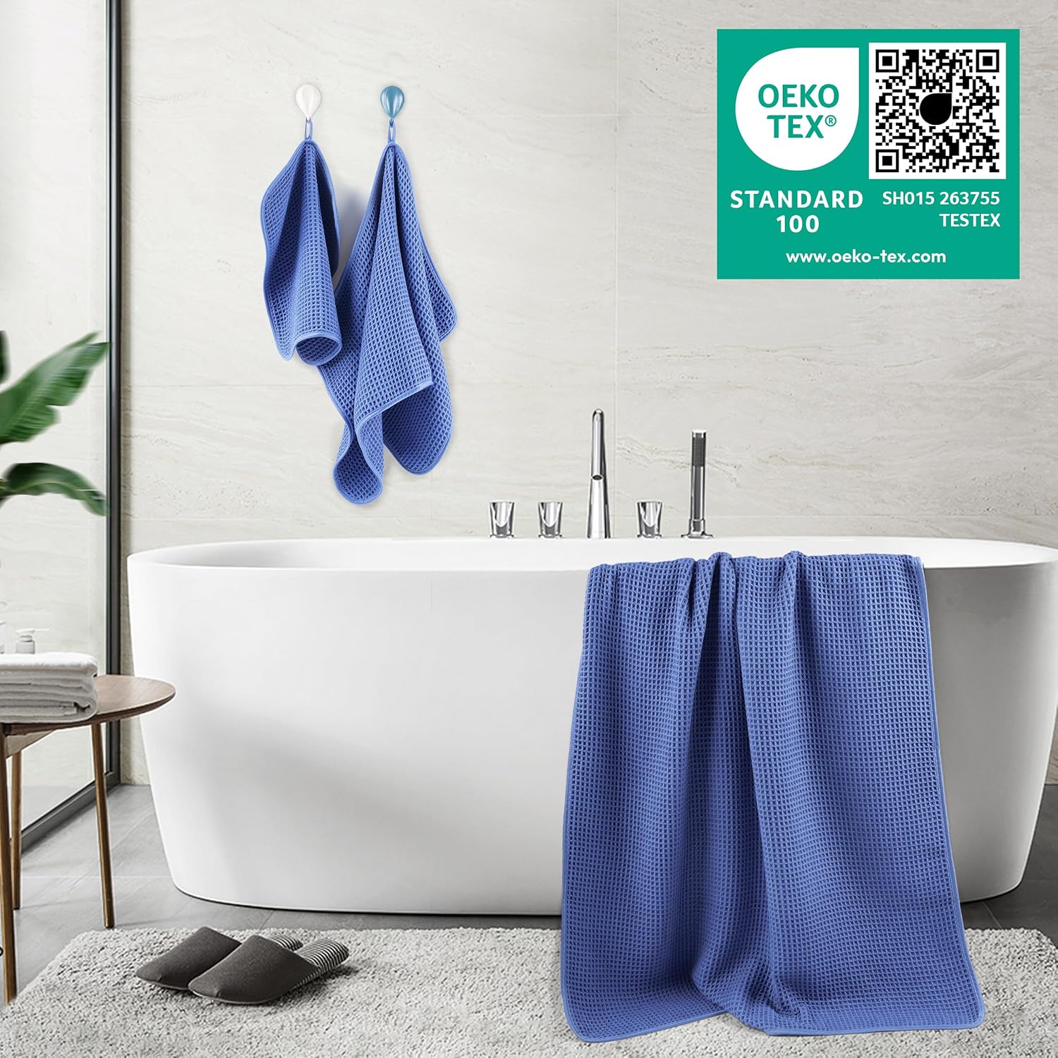 POLYTE 430 GSM Microfiber Quick Dry Lint Free Oversize Bath Towel Set, 6 Piece (Waffle Weave)