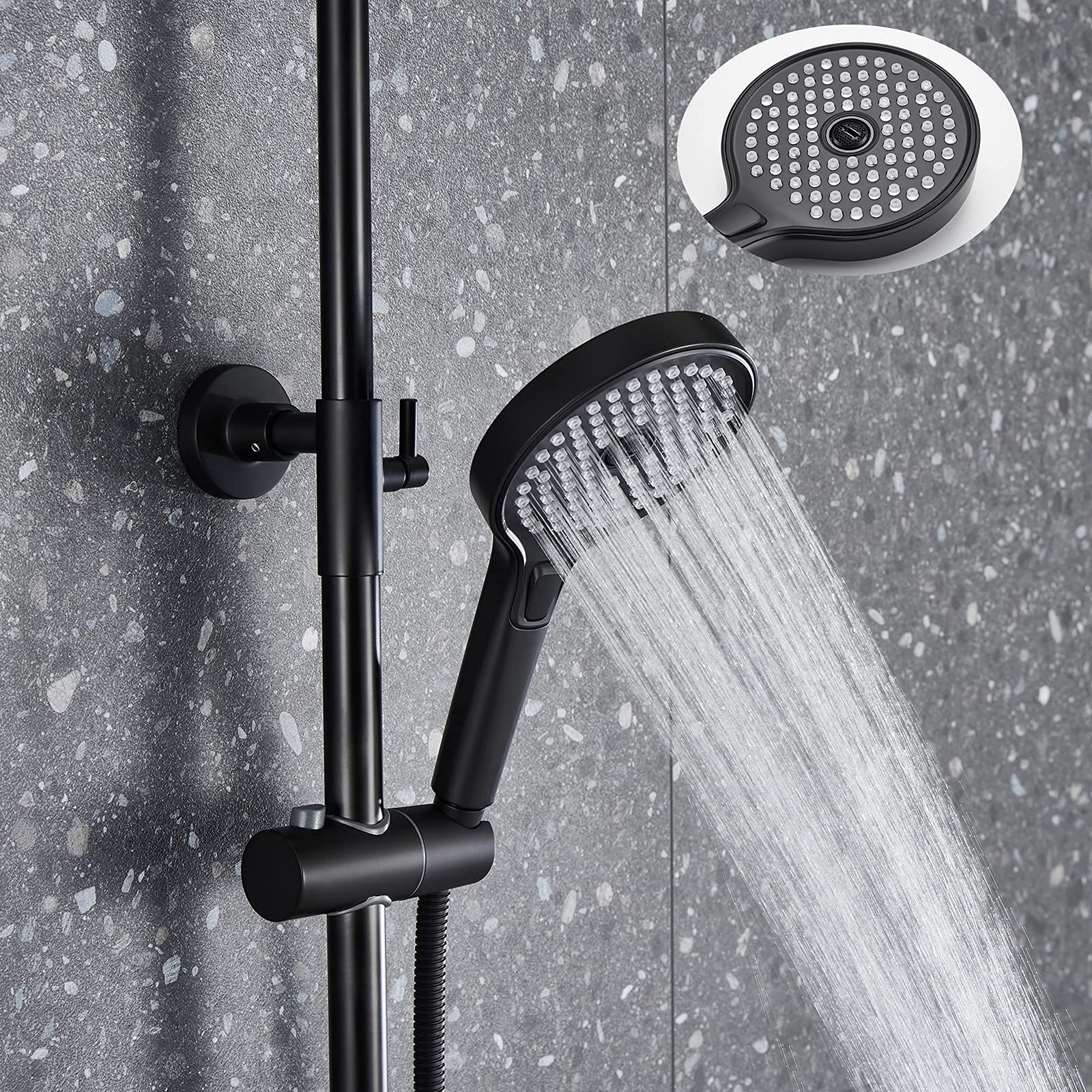 Set Combinato Doccia a Pulsante, Rubinetto Doccia a Parete per Bagno con soffione, doccetta Multifunzionale, Bocca di erogazione per Vasca, Cromato, Nero, Nero,Black