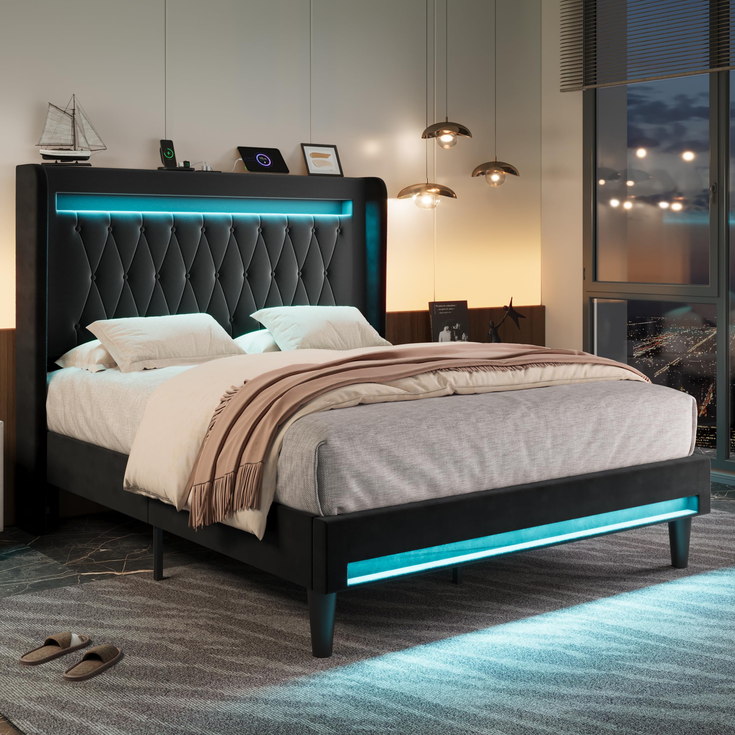 Allewie Queen Size Platform Bed Frame with LED lights and charging station, black velvet upholstery