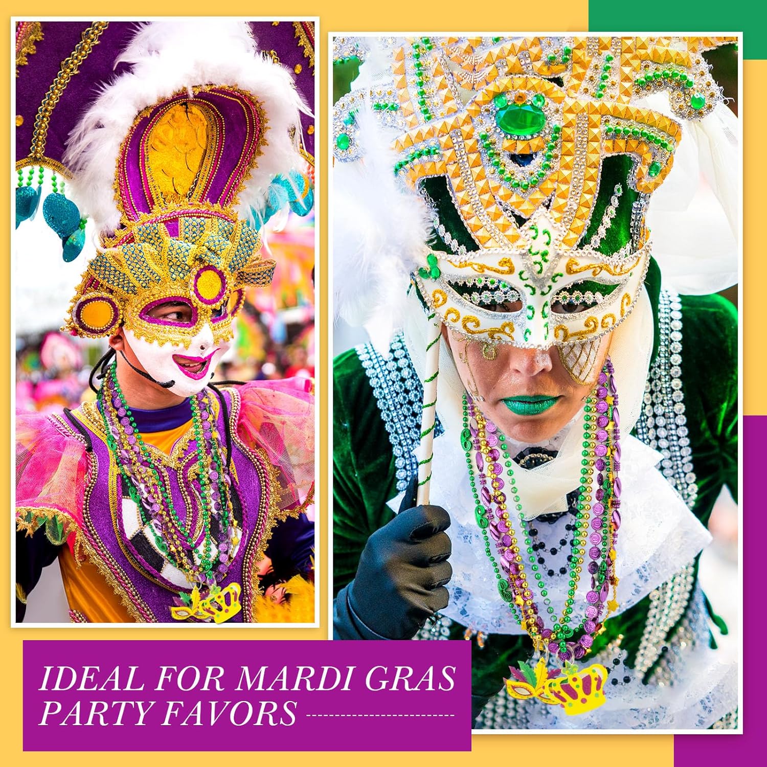 118 Pcs Mardi Gras Beads Necklace and Pendant Set Gold Green Purple Carnival Necklace Assortment Mardi Gras Beads Bulk for Masquerade Costume Birthday Wedding Decorations Supplies