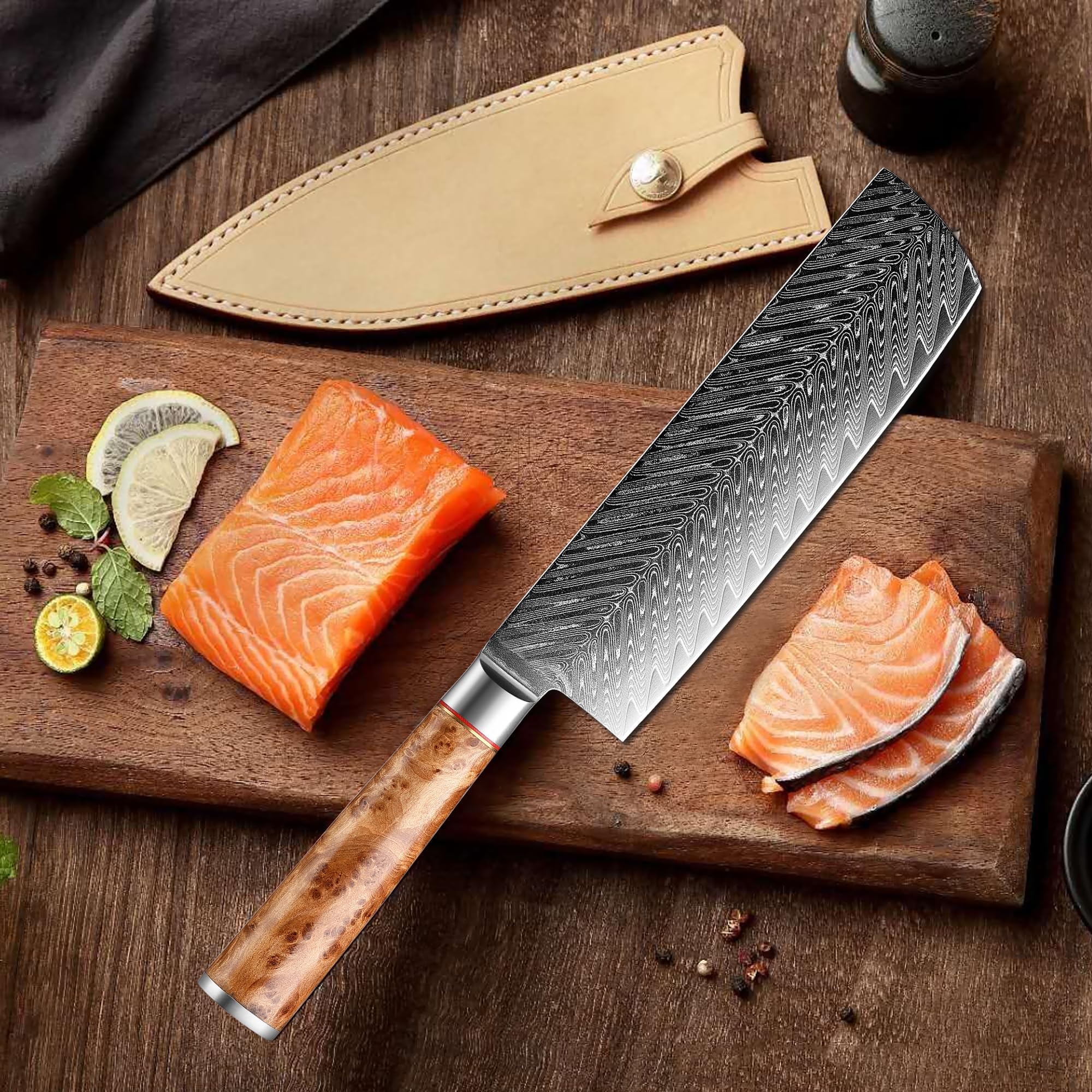 Nóż Japoński Nakiri Damasceński Kitory 18 cm Profesjonalny Nóż Kuchenny z 73-warstwowej Stali Damasceńskiej 10Cr15CoMoV z Rękojeścią z Drewna White Shadow (Biały Cień) - Seria Pro Damast