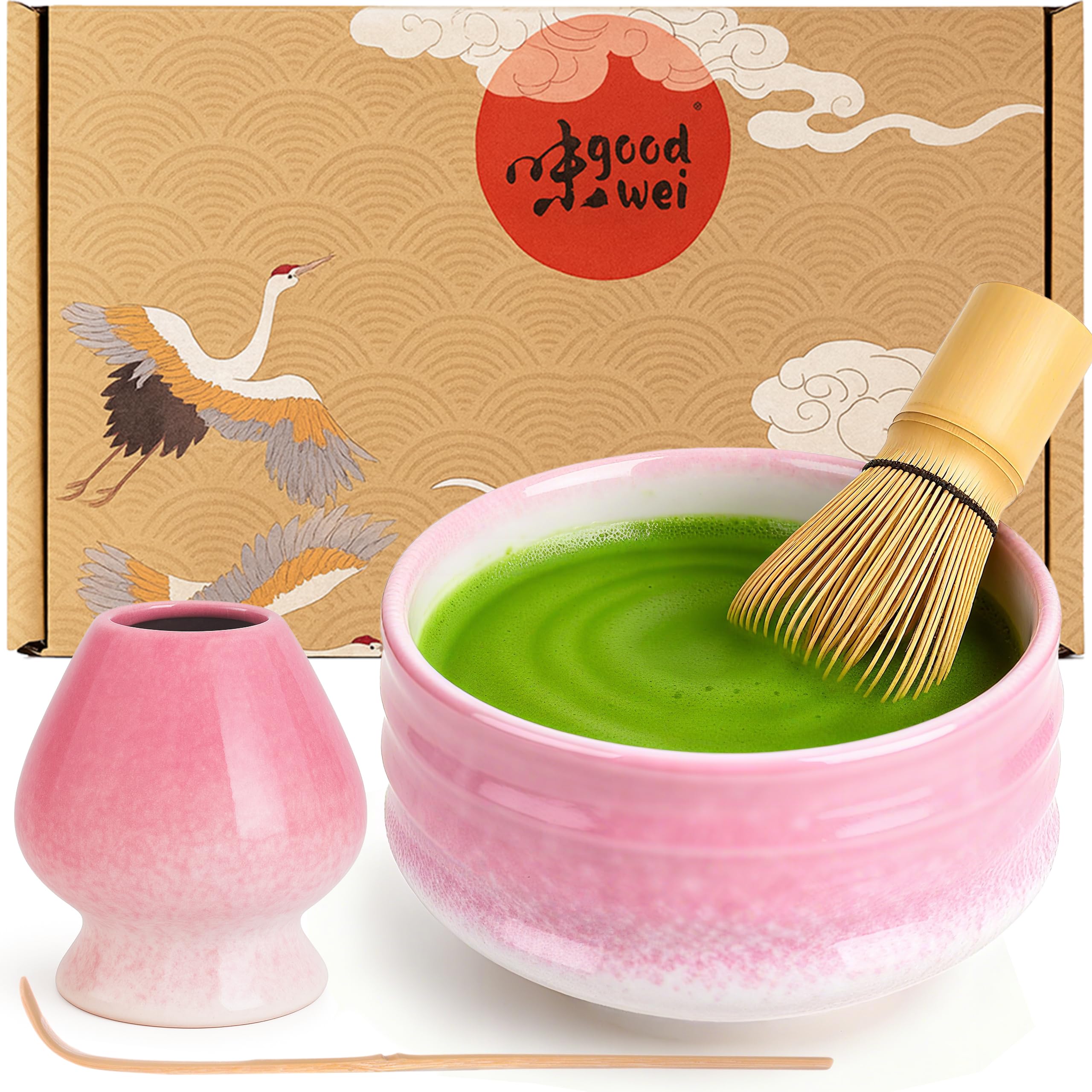 Goodwei Matcha Kit con Frusta Matcha, Ciotola Matcha e Supporto Frusta in ceramica con lo stesso design | Tazza Matcha Chawan tradizionale, 430 ml | The Matcha Set Regalo (80, Sakura)