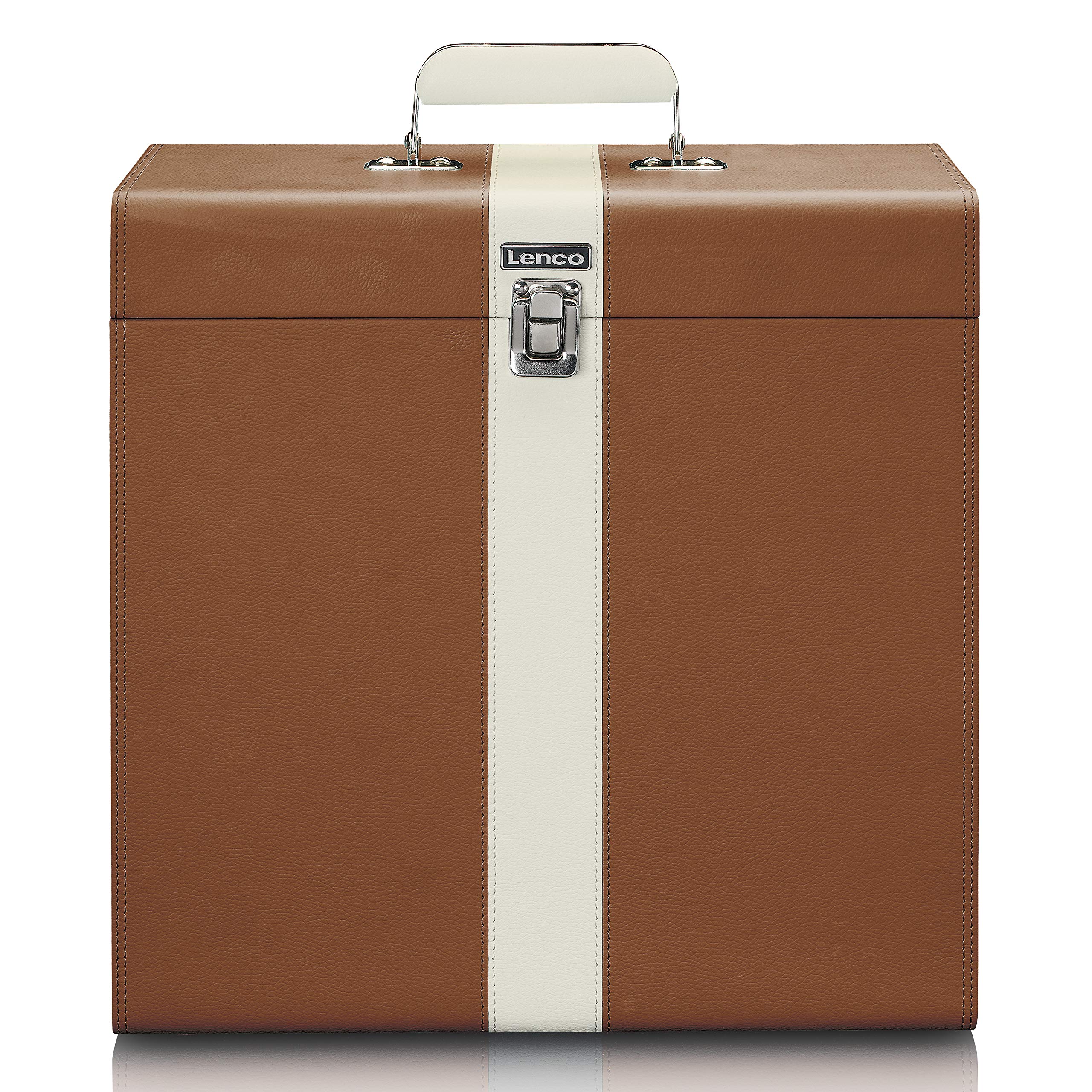 Lenco 810063 classic phono tta-301 - custodia per 30 dischi in vinile con maniglia per il trasporto e fibbia in metallo, fodera protettiva in velluto marrone/bianco