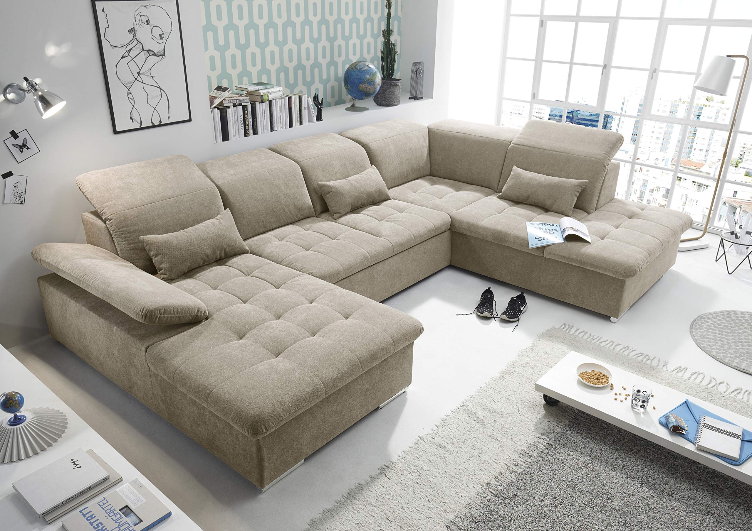 Stella Trading WAYNE Wohnlandschaft in U-Form, Stoffbezug Sand - Ausziehbares Sofa mit Schlaffunktion & Bettkasten - 340 x 81 (104) x 188 (240) cm (B/H/T)