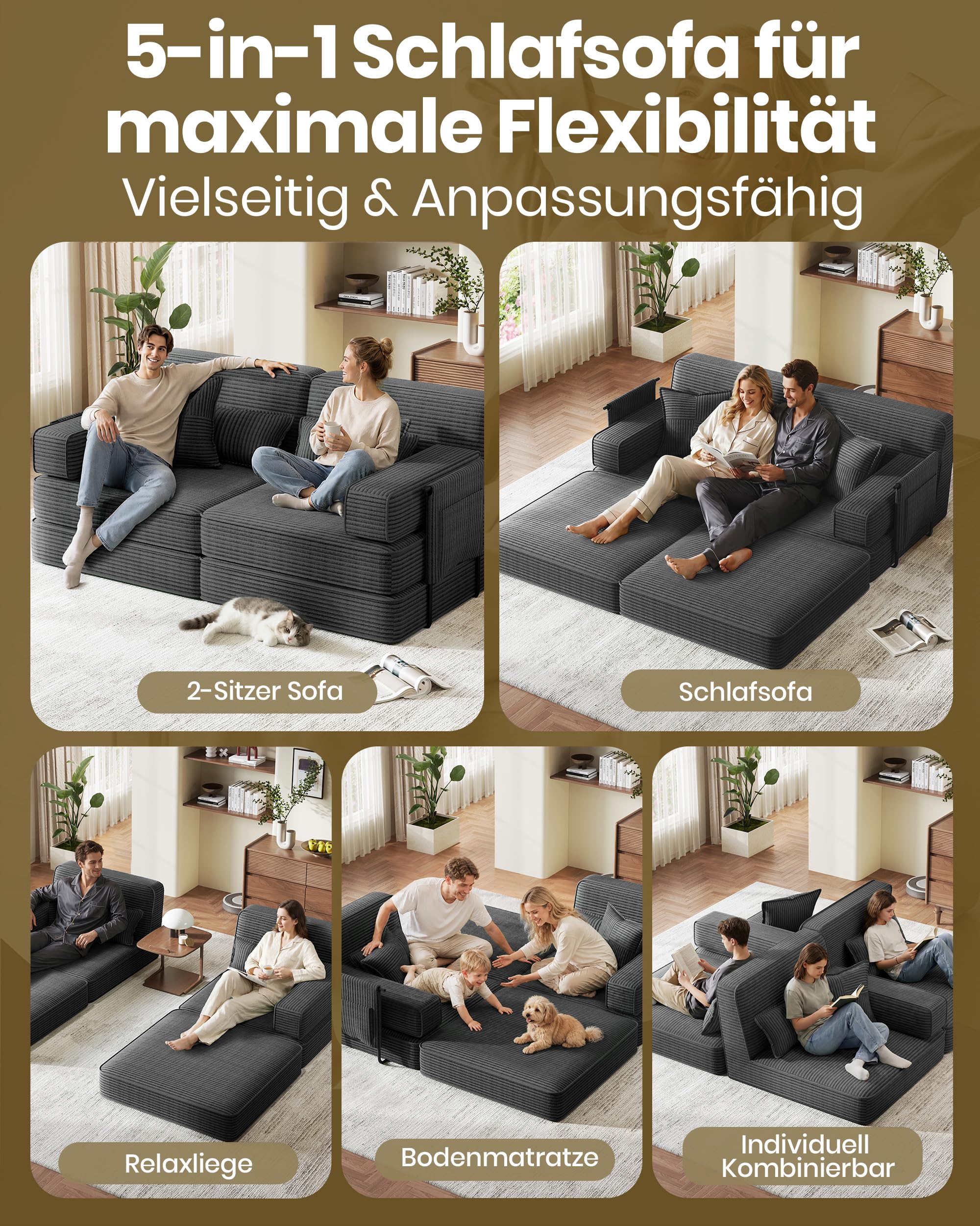 Schlafsofa 190 cm Breit, Modulares Bodensofa, Boneless Couch mit Hoher Rückenlehne, 2-Sitzer Vollschaum Sofa aus Cord, 5-in-1 Klappsofa mit Schlaffunktion zum Gästebett, Grau