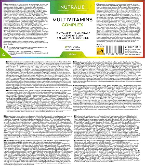 MULTIVITAMINS and Minerals - Multivitamin A-Z 29 Active Ingredients - Complete Vitamin Complex - Women Men - Vitamins A B C D E K, L-cysteine, Q10 and 9 Minerals - 60 Vegan Capsules Nutralie