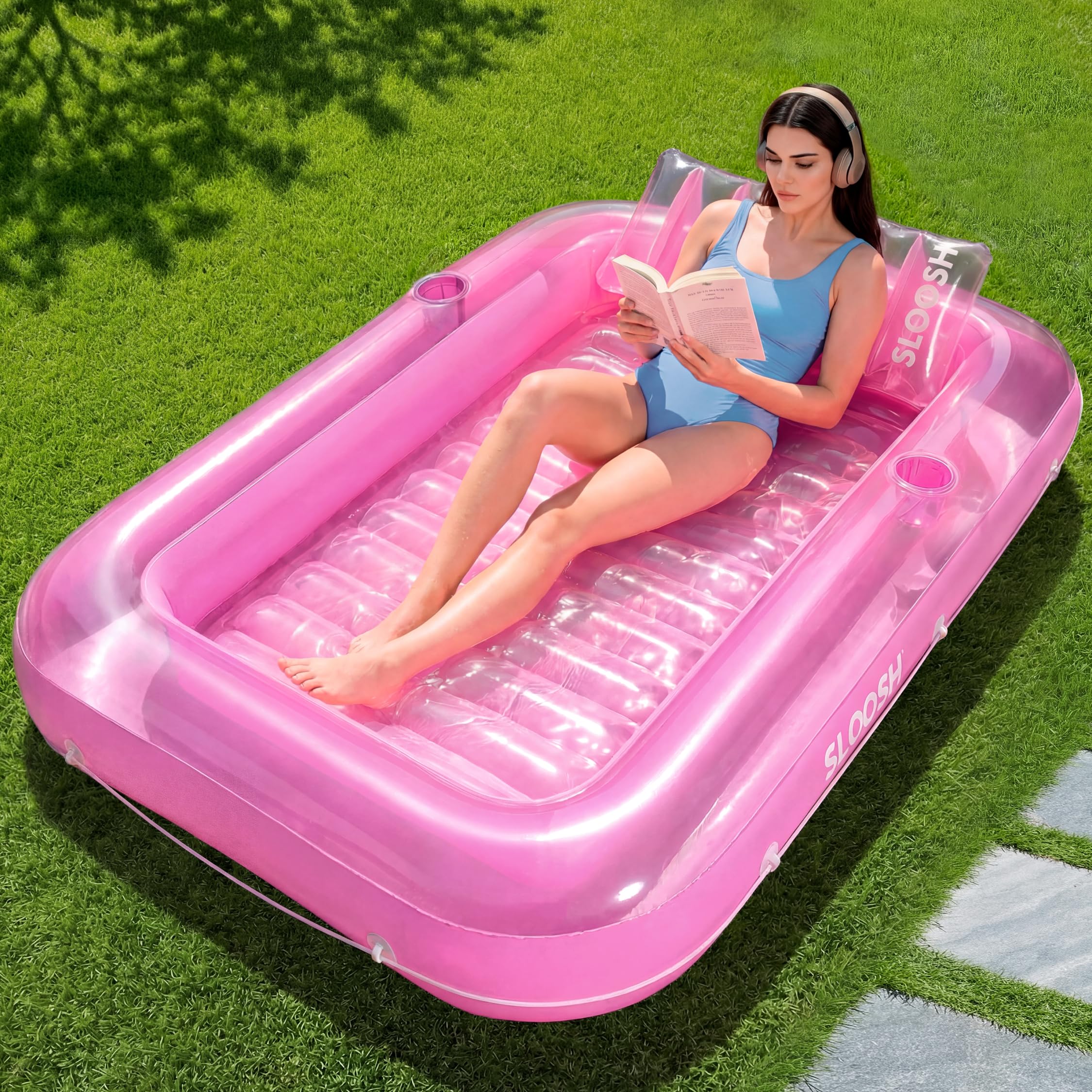 SLOOSH Inflatable Tanning Pool Lounger Float, 70" x 46" Pool Floats Adult with Pillow, 4 in 1 Suntan Tub Raft Floatie,Sunbathing Bed Lounge for Water Blow Up Kids Ball Pit Party Gifts, L-Pink