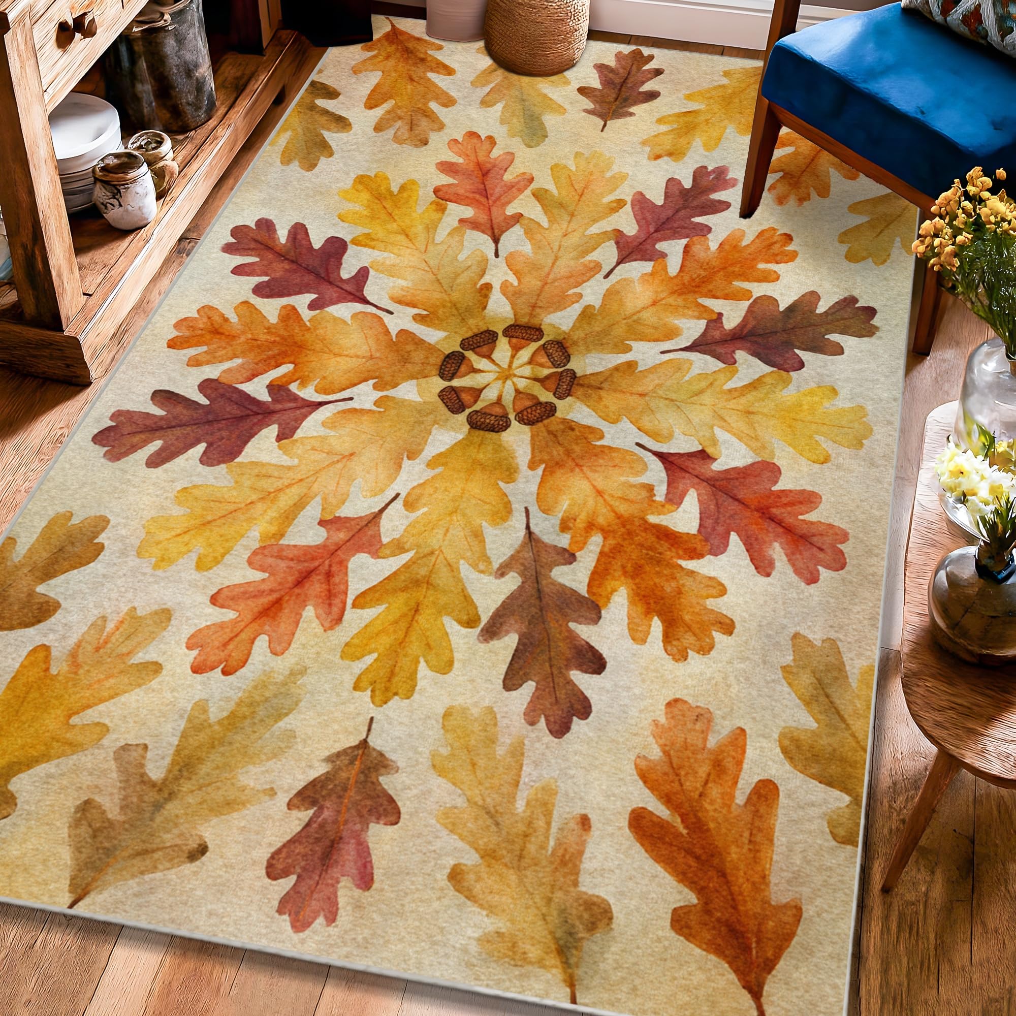 Tapis de feuilles de chêne automnales orange 1,2x1,8m pour salon et chambre