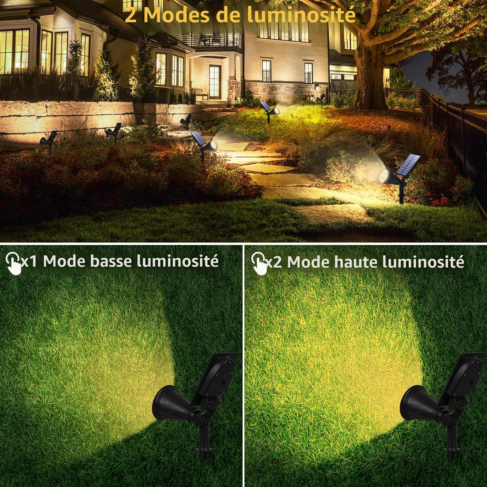 T-SUN [2 Pack LED Solaire Projecteur, Lampe Solaire de 4 LED, Étanche Extérieur Lampe Jardin，Éclairage de Sécurité Paysage Lumière pour Chrismas Arbre, Clôture, Patio, Fête. （Blanco Naturel 4000K