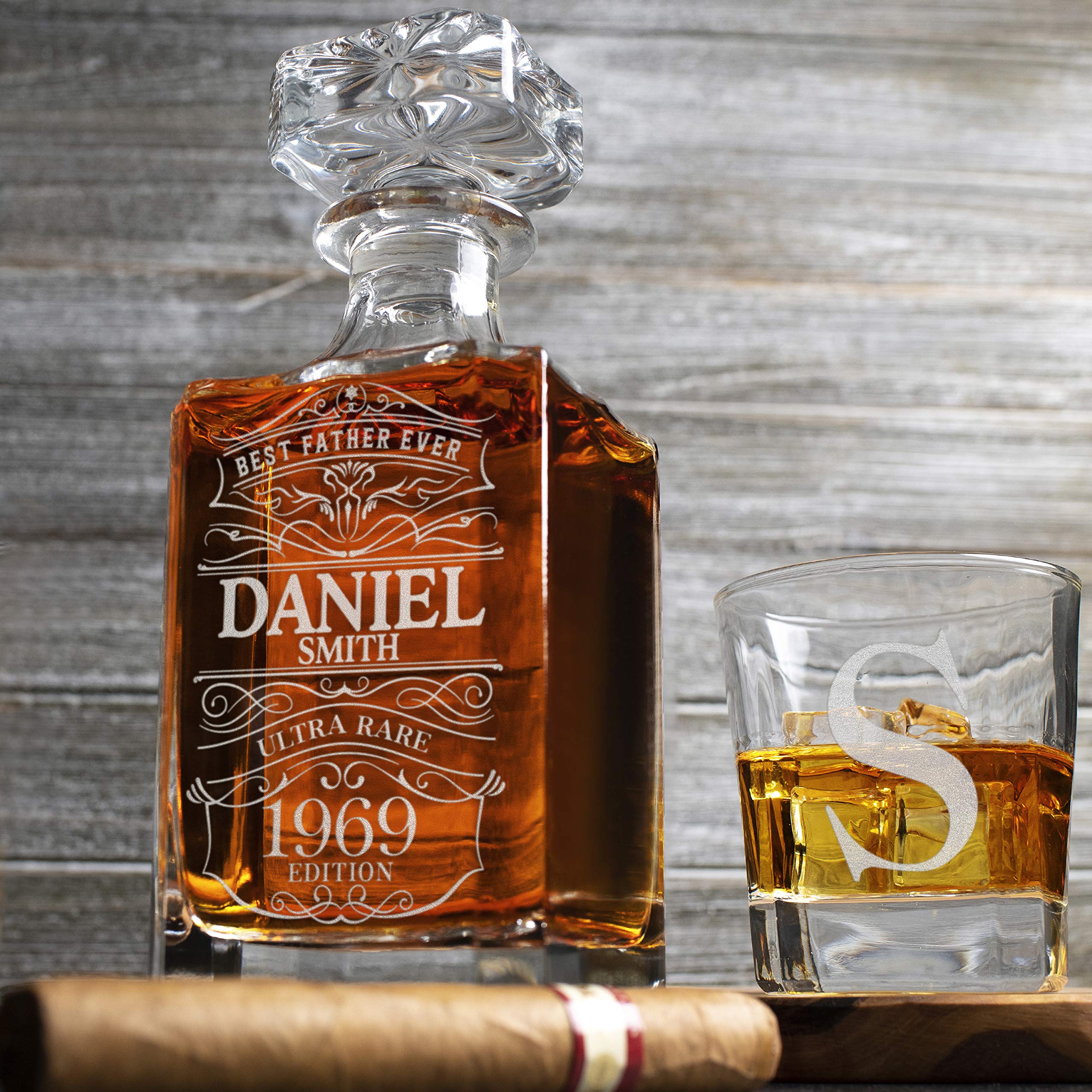 Personalized 5 pc Whiskey Decanter Set - Limited Edition Custom Liquor Decanter - 25 oz, 750ml w/ 4pcs Best Father Ever, Christmas Gifts for Dad, Boss Gifts for Men, Square #2