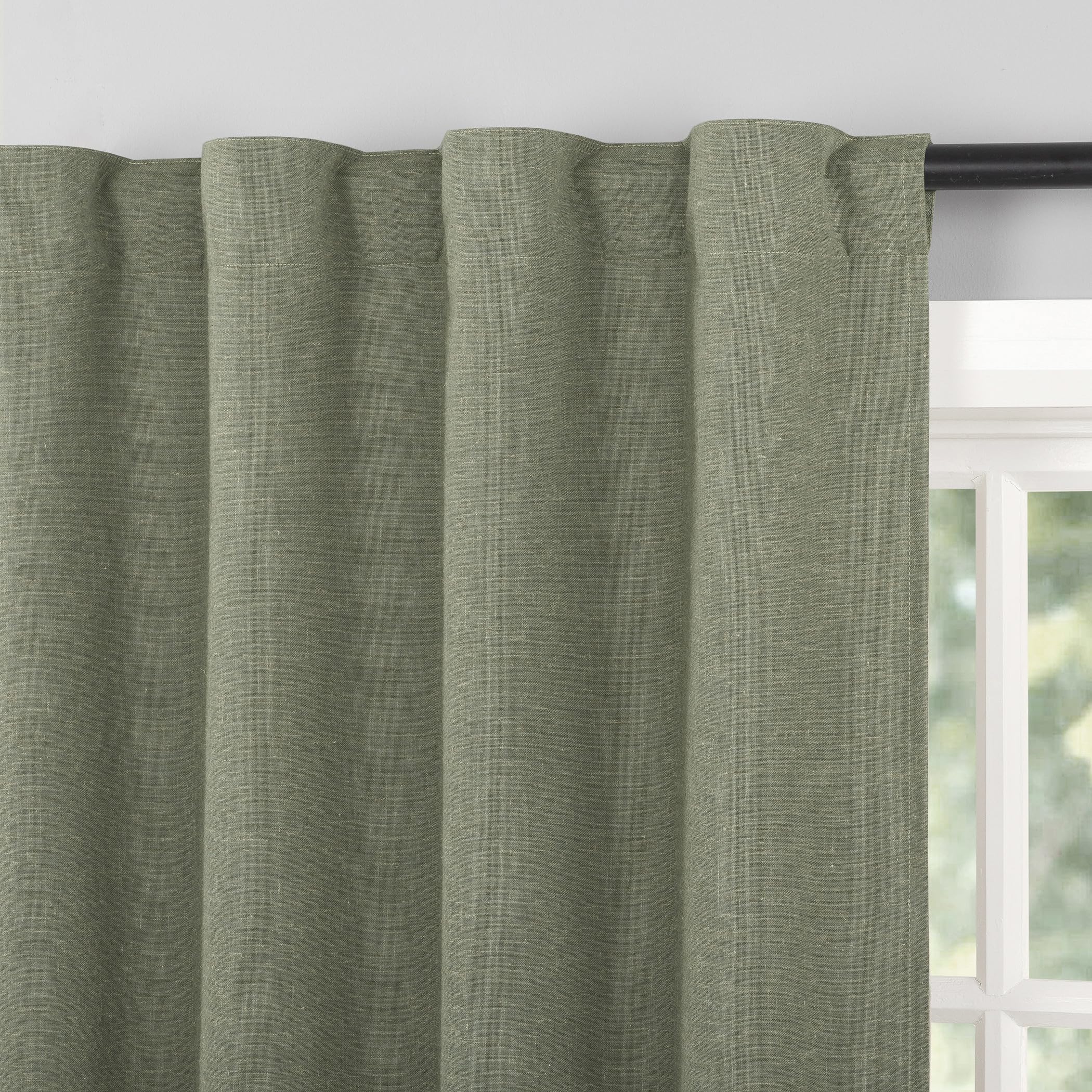 Sun Zero Treviso Panneau de Rideau en Lin mélangé avec Fermeture magnétique 100% occultant avec Languette arrière, 101,6 x 243,8 cm, Vert Mousse