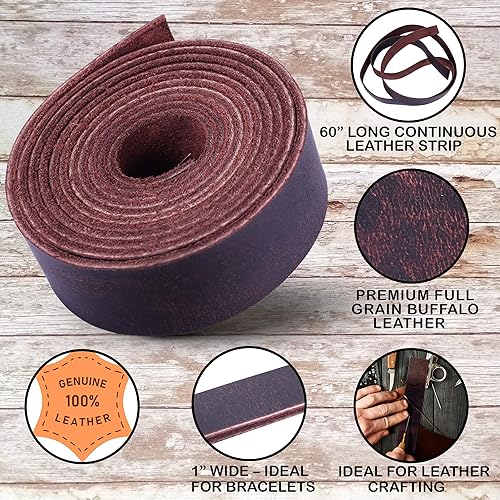 Miniatura 2 de Correa de cuero, tiras de cuero de búfalo de grano completo para manualidades, correas de cuero marrón de 1 pulgada de ancho, ideal para artes y