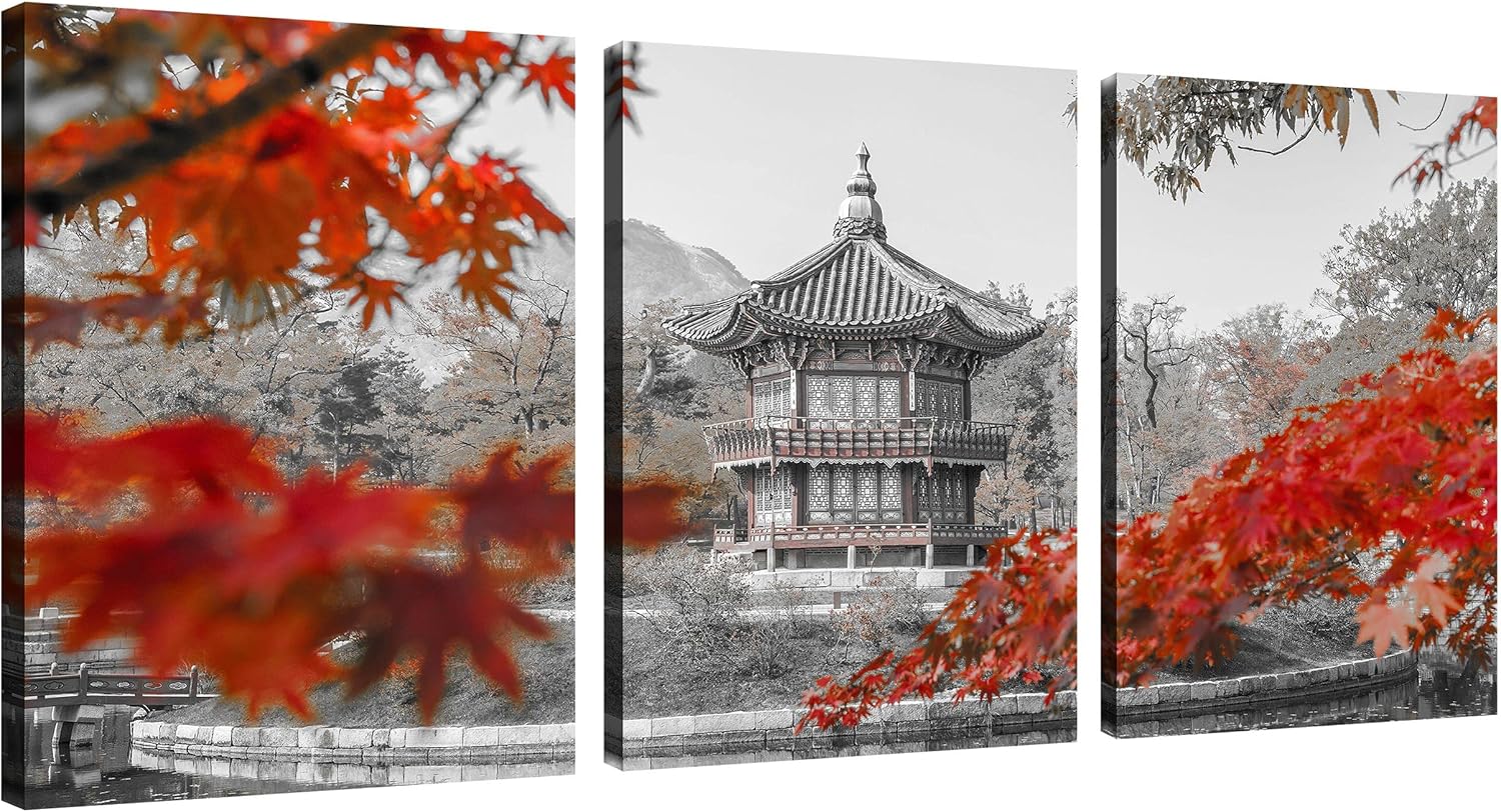 Korean Landscape Wall Art Canvas Gyeongbokgung Palace Architecture Pictures on Wall Art for Home Office Decorations Living Room Bedroom and Kitchen Decor 3 Pcs Framed Canvas Prints 12X16inches