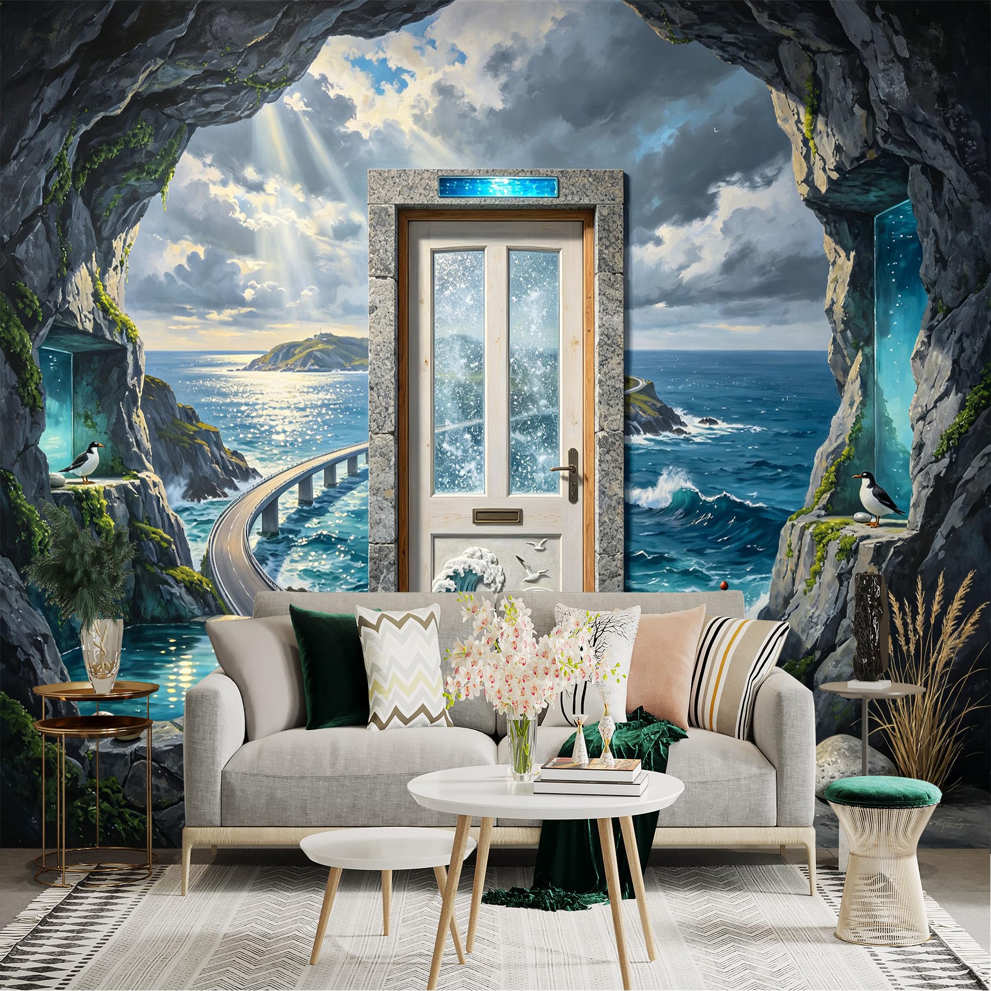 Lnzczhyre Bh260719214 Custom Size Wall Sticker Mural， Scenic Ocean View With Coastal Bridge， Lighthouse And Rocky Cave， For Wall Decoration， Peelandstick Wall Decals.