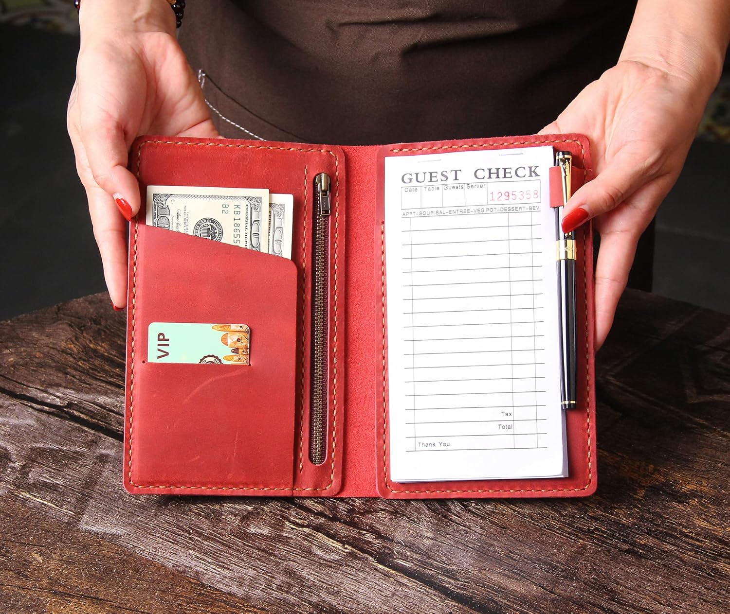 Robrasim Server Book Organizer with Zipper Pocket, Genuine Leather Restaurant Guest Check Presenters Card Holder for Waitress, Waiter Accessories Fit Server Apron - Wine
