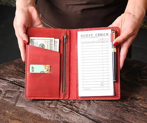 Miniatura 6 de Organizador de libro de servidor con bolsillo con cremallera, de cuero genuino para restaurante de invitados, tarjetero para camarera, accesorios