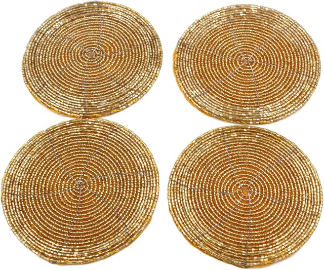 West5Products Round Glass Beaded Gold Coasters x4
