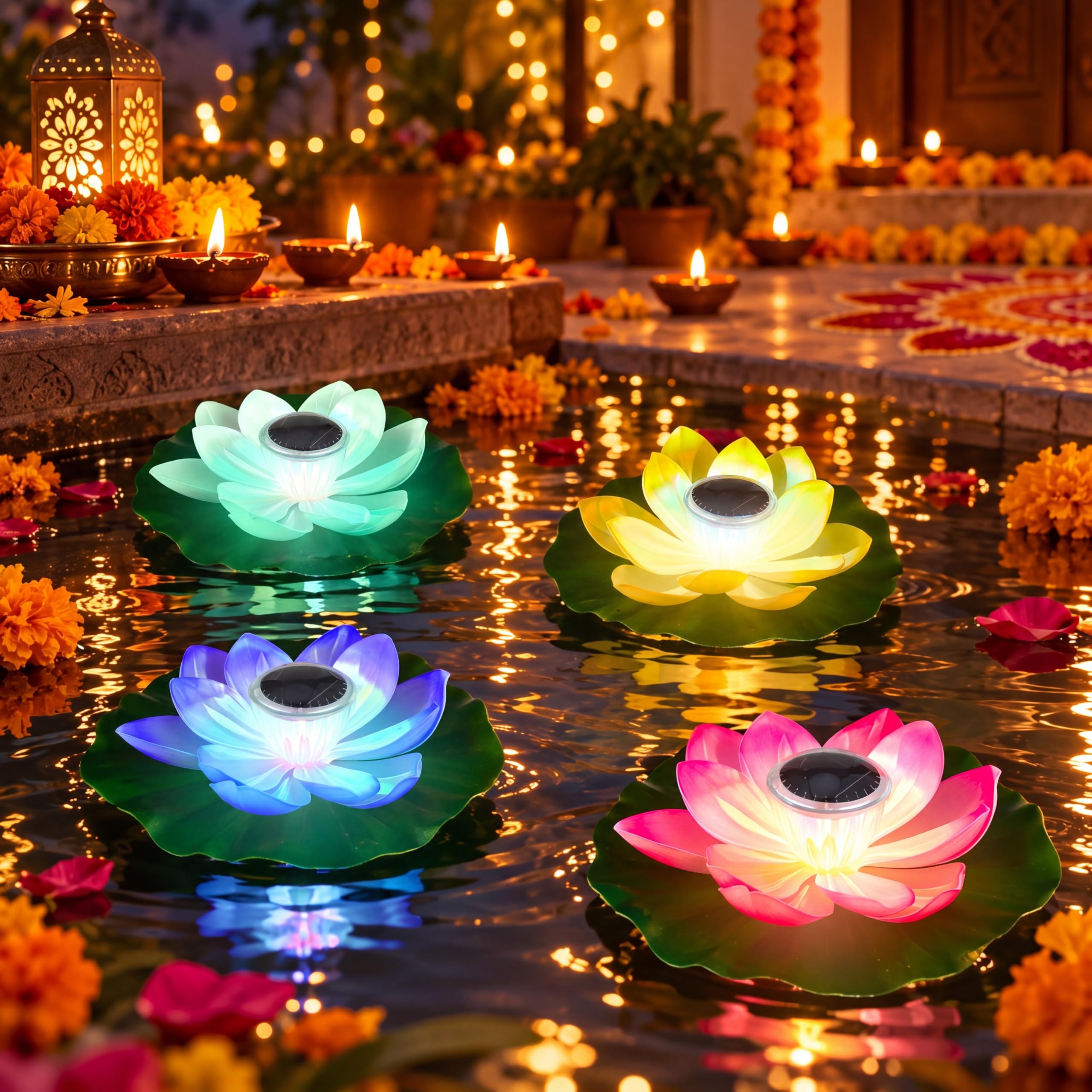 VIHOSE 4 luces solares de 11 pulgadas para estanque, lámpara flotante de flor de loto, luz de lirio, luz flotante para piscina, estanque, decoración de jardín, 4 unidades