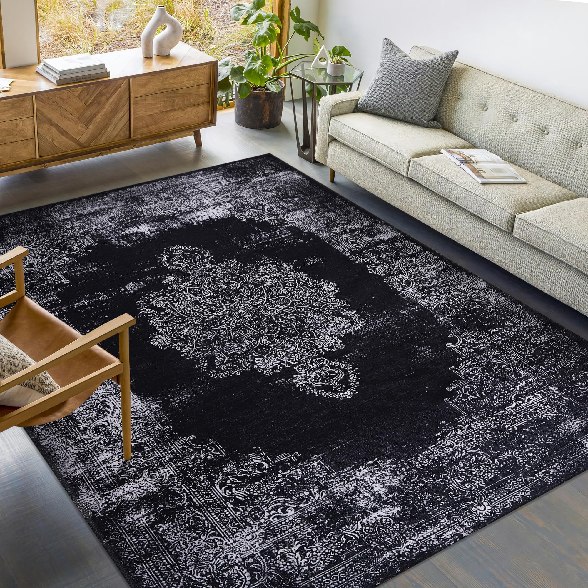 NETLINE HOME Washable Area Rugs for Living Room Traditional Flatweave Rug Non Slip Kitchen Rug - Decorative Floor Mats Low Pile Vintage Rugs Boho Design Foldable Hallway Carpets for Bedroom - Black