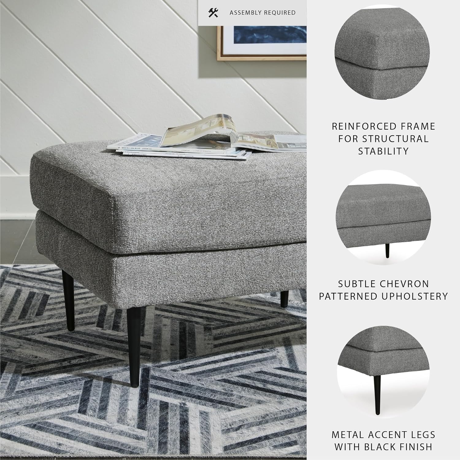 Signature Design by Ashley Hazela Contemporary Firmly Cushioned Rectangular Ottoman with Metal Accent Legs, Gray & Black