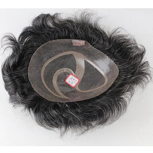 Miniatura 7 de Dreambeauty Toupee para hombre 10 × 8 "cabello humano 1B mezcla 20% pelo sintético gris piel fina postizo sistema de reemplazo de pelo base de red