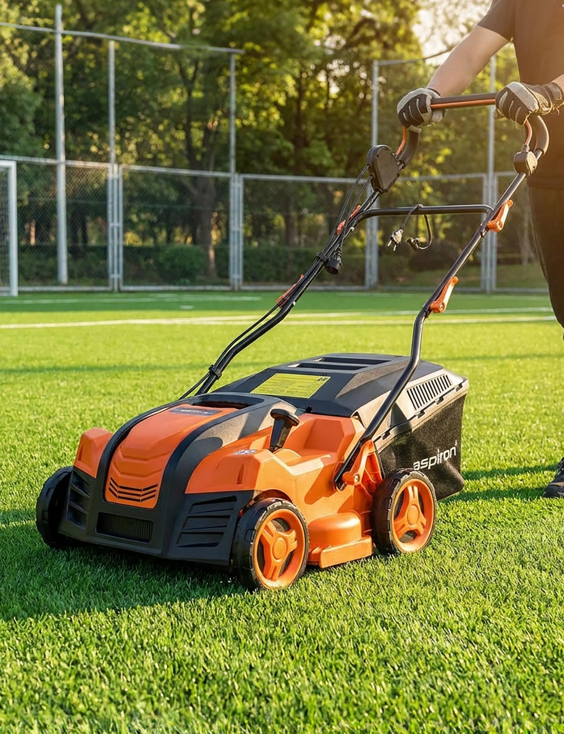 Aspiron 16” Artificial Grass Sweeper, 1800w Artificial Turf Vacuum 15 Amp Lawn Sweeper Yard Power Brush with 45L Removable Leaf Collection Bag, Quick-Fold, Keeps Clear Sweepy Box, Orange
