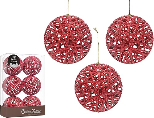 Christmas Traditions Adornos de bola de Navidad de ratán rojo con purpurina de 4 pulgadas, decoración de árbol (juego de 6) (rojo navideño)