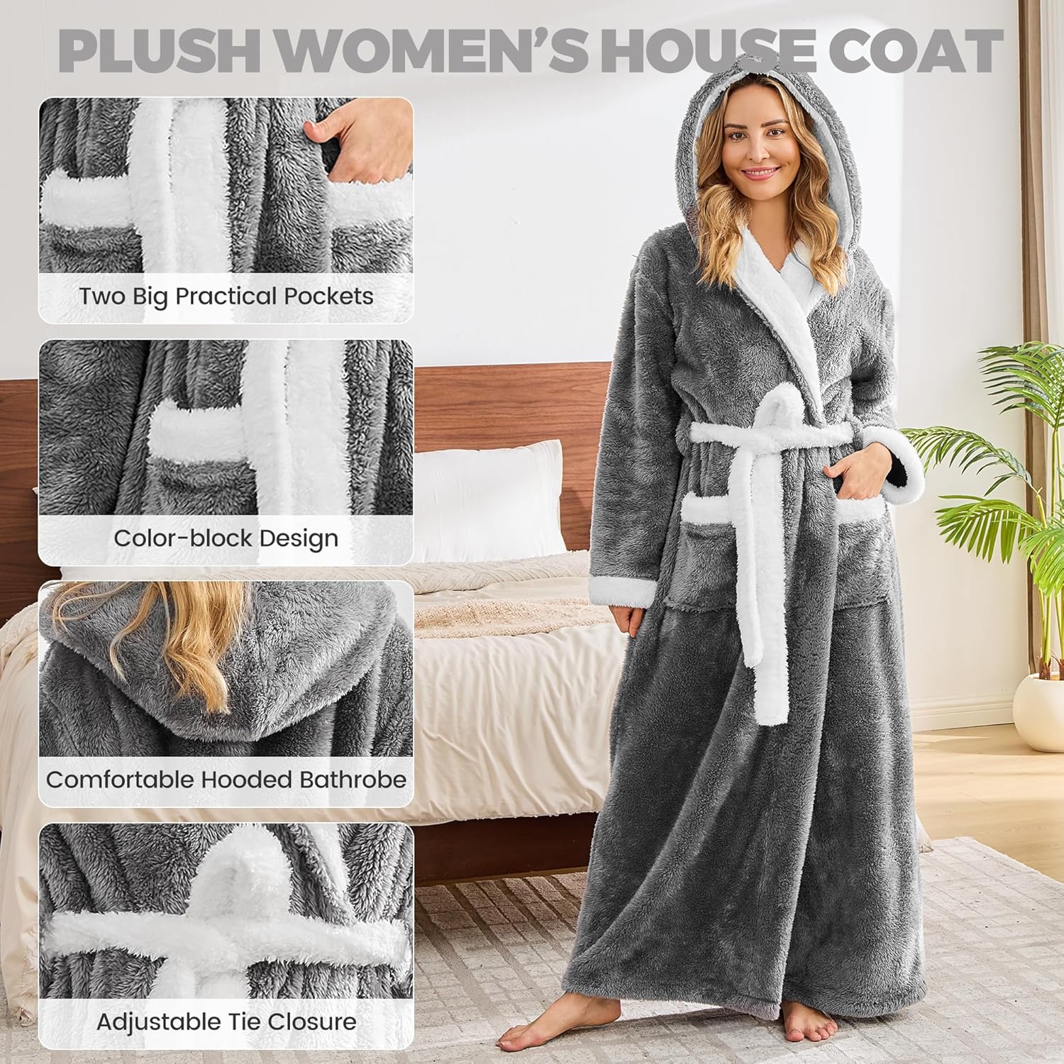 Long Robes For Women Floor Length, Fluffy Fleece Warm Cozy Hooded Bathrobe Plush Luxury Plus Size Winter Housecoat - Image 3