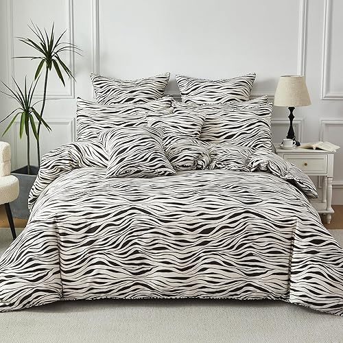 Miniatura 9 de FADFAY Juego de funda de edredón de cebra, tamaño Queen, 100% algodón, estampado de animales en blanco y negro, 3 piezas con cierre de cremallera y