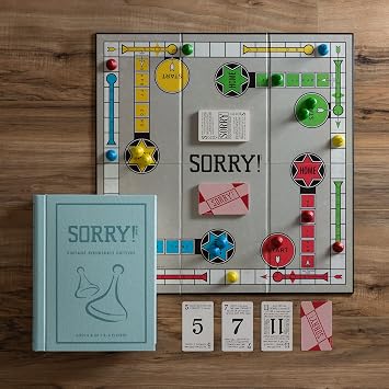 Sorry! Vintage Bookshelf Edition by WS Game Company - Classic Board Game in Linen-Wrapped Book Case with Retro 1958 Design, Wooden Pawns,Size Folding Game Board, for 2-4 Players, Ages 6+