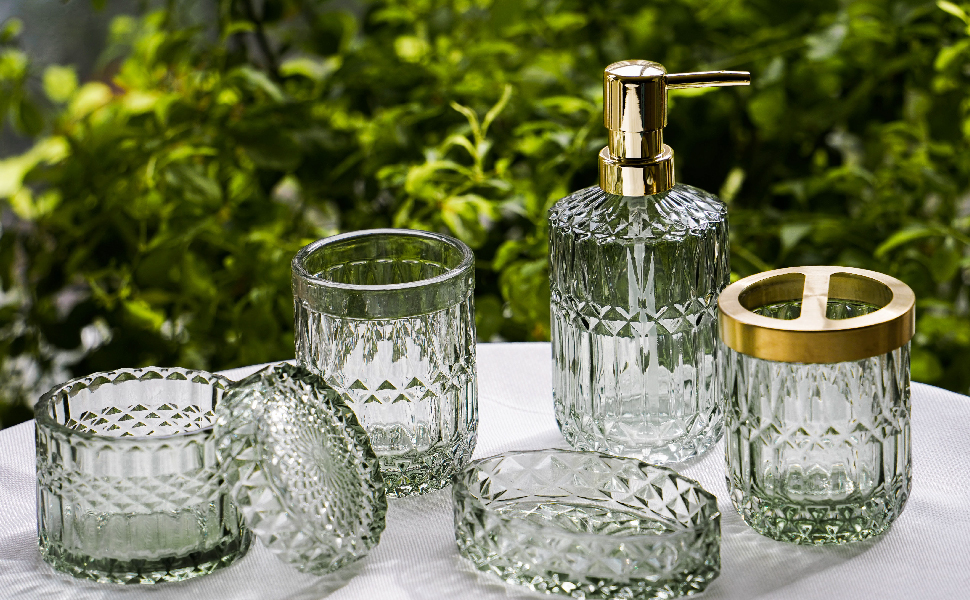 Ensemble d'accessoires de salle de bain en verre (5 pièces) - gobelet Ensemble d'accessoires de salle de bain en verre (5 pièces) - gobelet