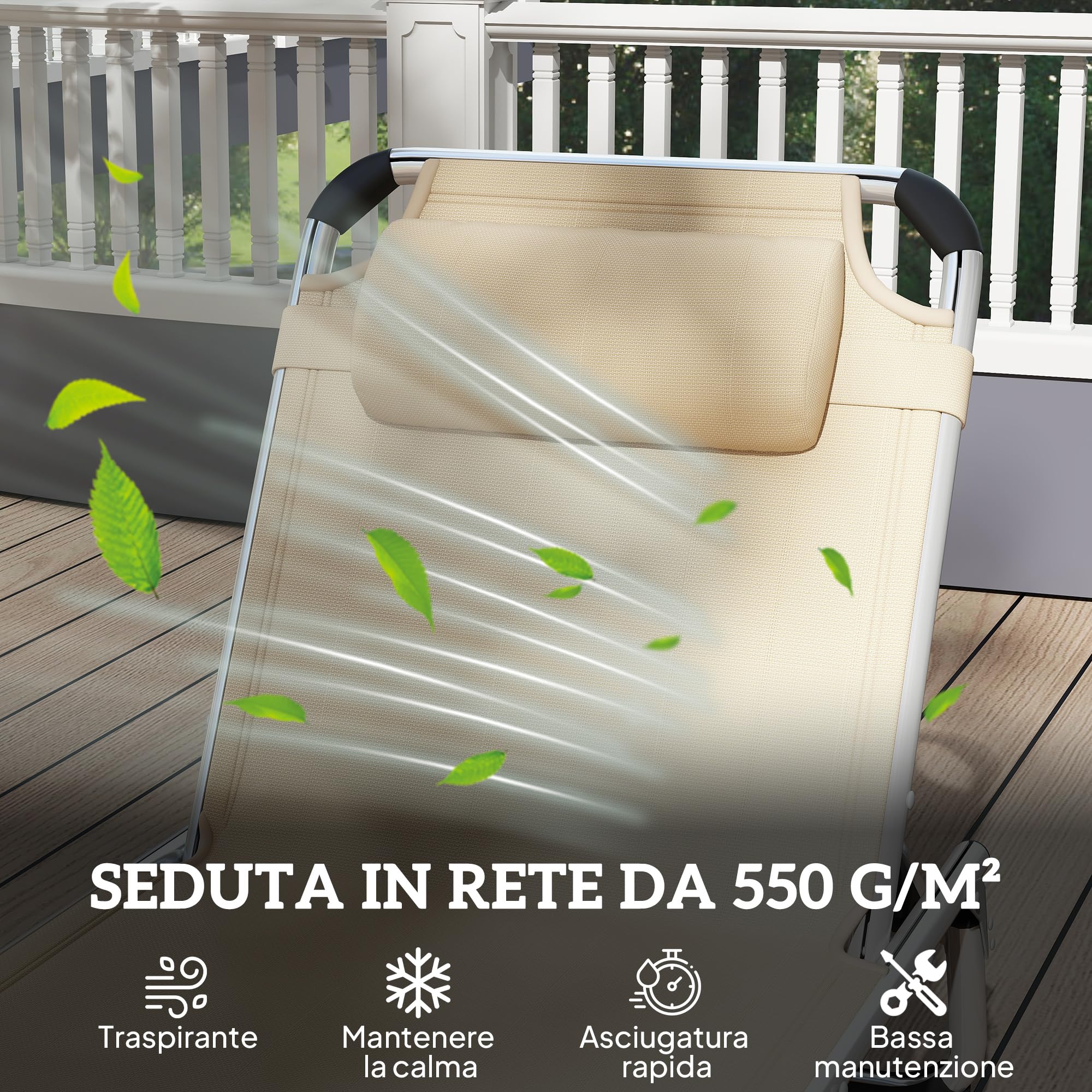 Outsunny Lettino Prendisole Pieghevole con Schienale Reclinabile su 4 Livelli, Sdraio da Giardino con Poggiatesta, in Alluminio e Texteline, per Spiaggia Piscina Giardino, 60x165x76 cm, Beige