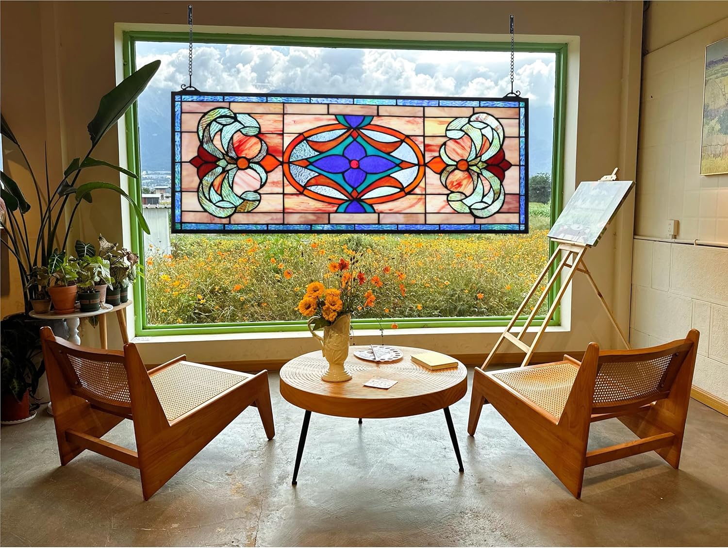 Yogoart Extra Large Horizontal Blue Victorian Stained Glass Window Panels Hanging Transom Window Panels (30" X 12")