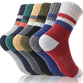 EBMORE Kids Merino Wool Hiking Socks Boys Toddlers Girls Winter Thermal Thick Warm Boot Cushion Ski Snow Gift Socks Stocking Stuffers 6 Pairs(Stripes,12-15 Years)