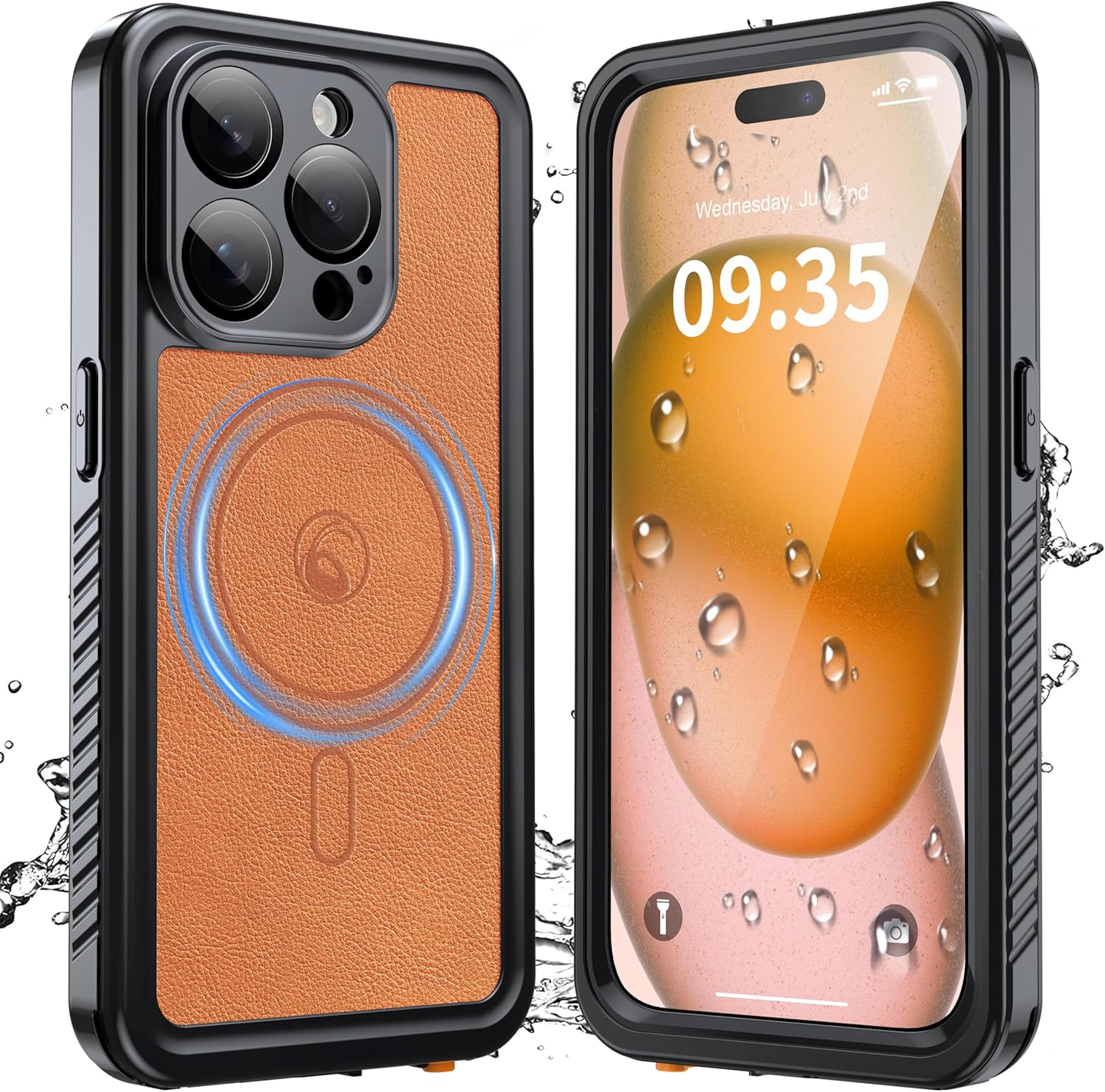 GOLDJU Designed for iPhone 15 Pro Case Waterproof, [Built-in Screen Protector, ][Compatible with MagSafe] Full Body Shockproof Protection Leather Case for iPhone 15 Pro, Brown