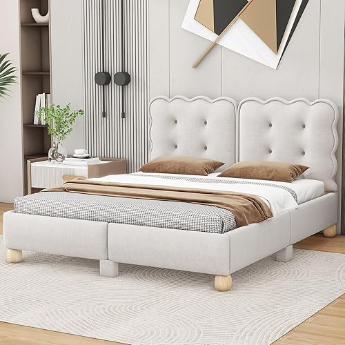 Merax Base de cama tapizada de madera tamaño Queen con patas de apoyo y listones de soporte, color beige