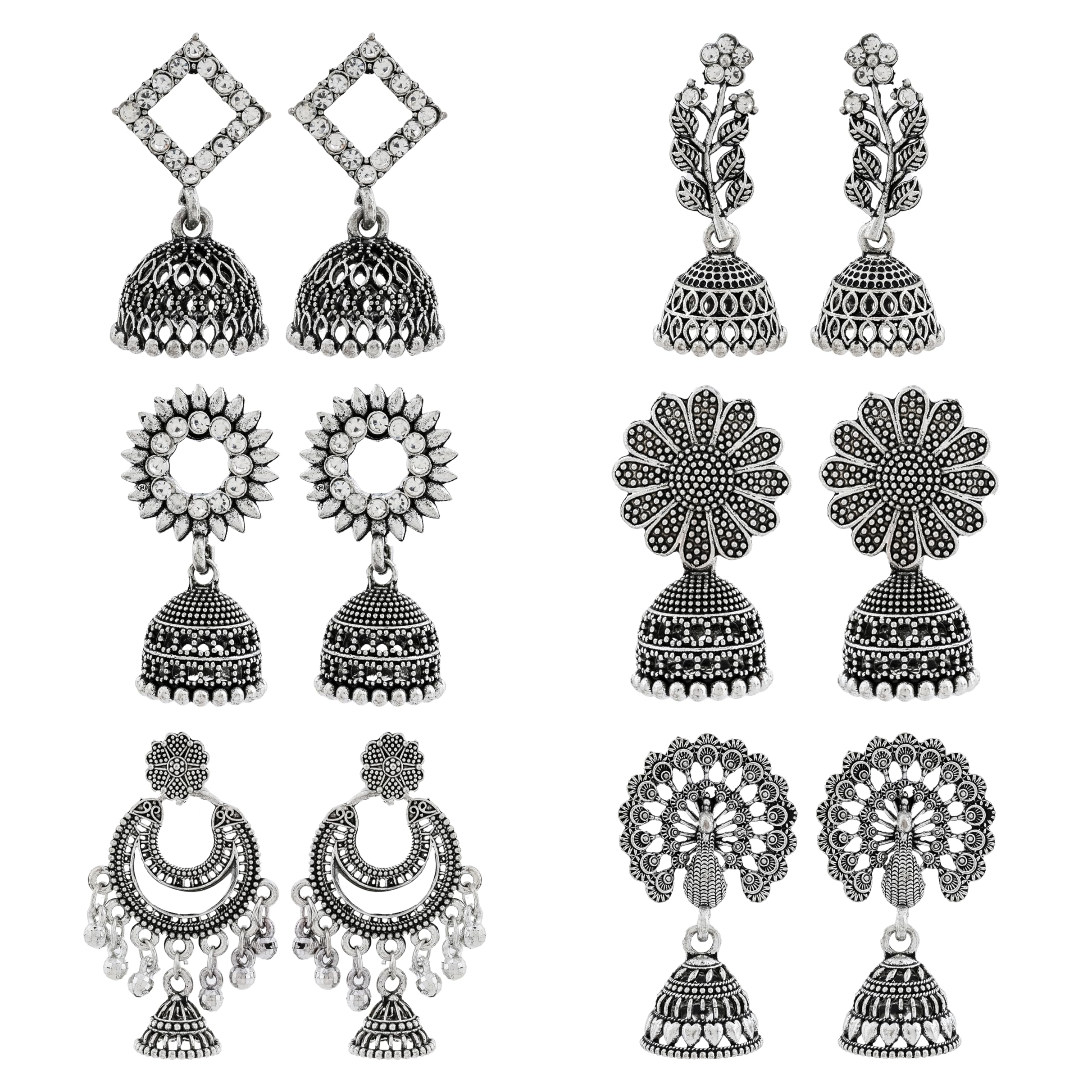 Traditional Oxidised Silver Jhumka Earrings Set, Antique Ethnic Design with Crystal Stones, 6 Pairs-image-7