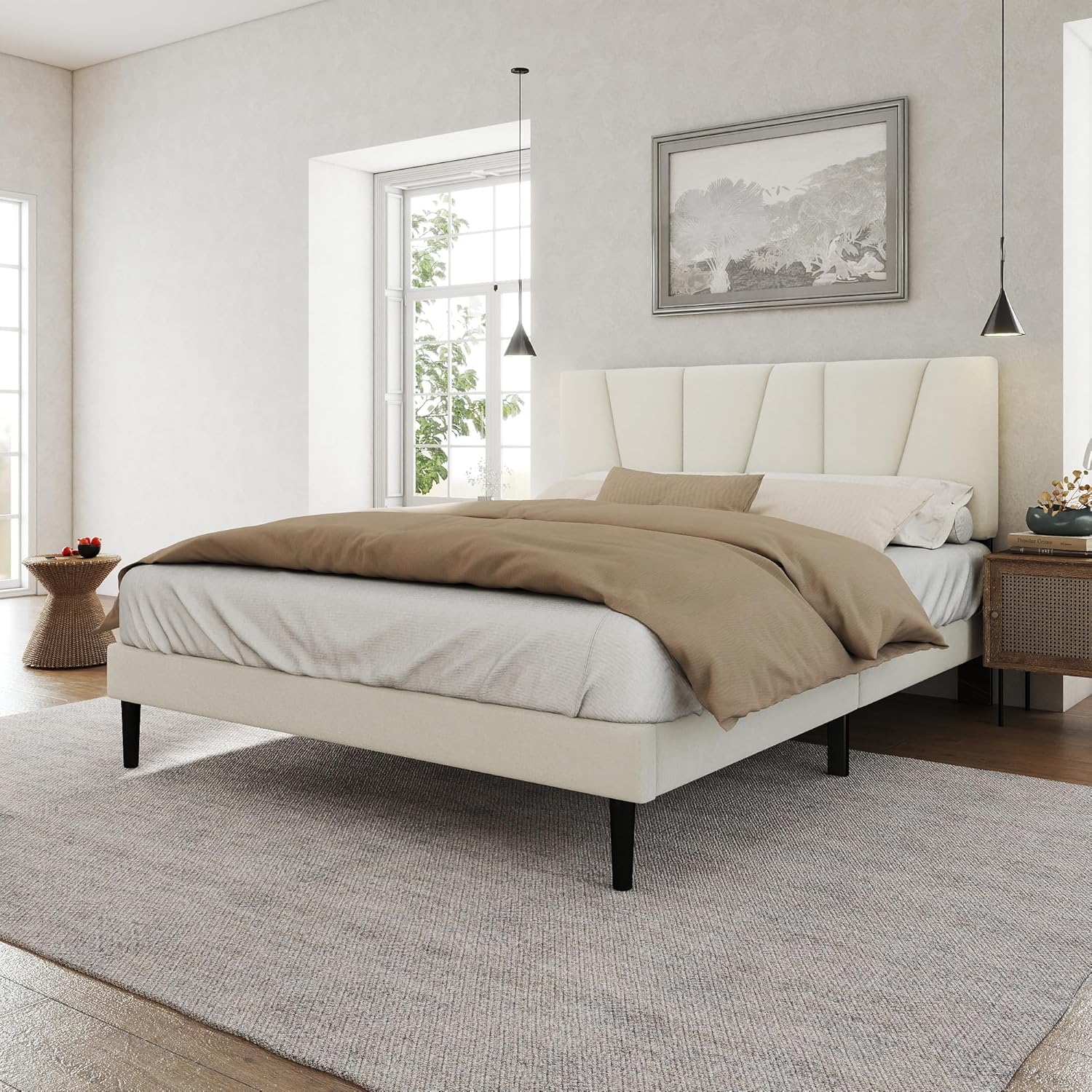 Queen Size Bed Frame with Fabric Upholstered Headboard, Platform Bed with Wooden Slats Support, Fully Mattress Foundation, Box Spring Optional, Easy Assembly, Light Grey