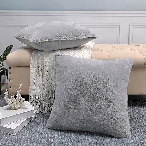 Miniatura 21 de Juego de 2 fundas de almohada de piel sintética de conejo de 20 x 20 pulgadas, fundas de almohada cuadradas decorativas de felpa peludas acogedoras