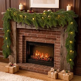 9ft Christmas Garland with Lights, Artificial Pine Winter Prelit Spruce Garland Real Touch Faux Greenery for Mantle Stairs Fireplace Table Window Outdoor Indoor Holiday Xmas Decor