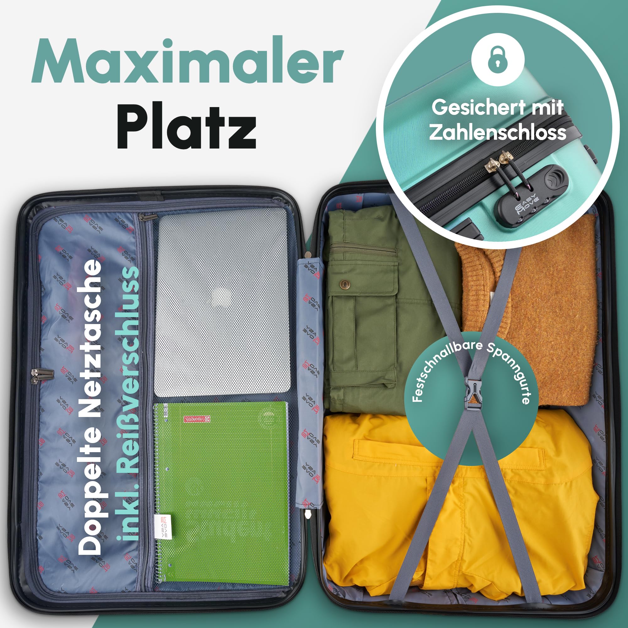 ABS Hartschalenkoffer - Ergonomisch & Sicher - Kleiner Trolley Koffer mit 360° Rädern, Zahlen Schloss - Rollkoffer, Reisekoffer Klein (Silver Green, 54cm)