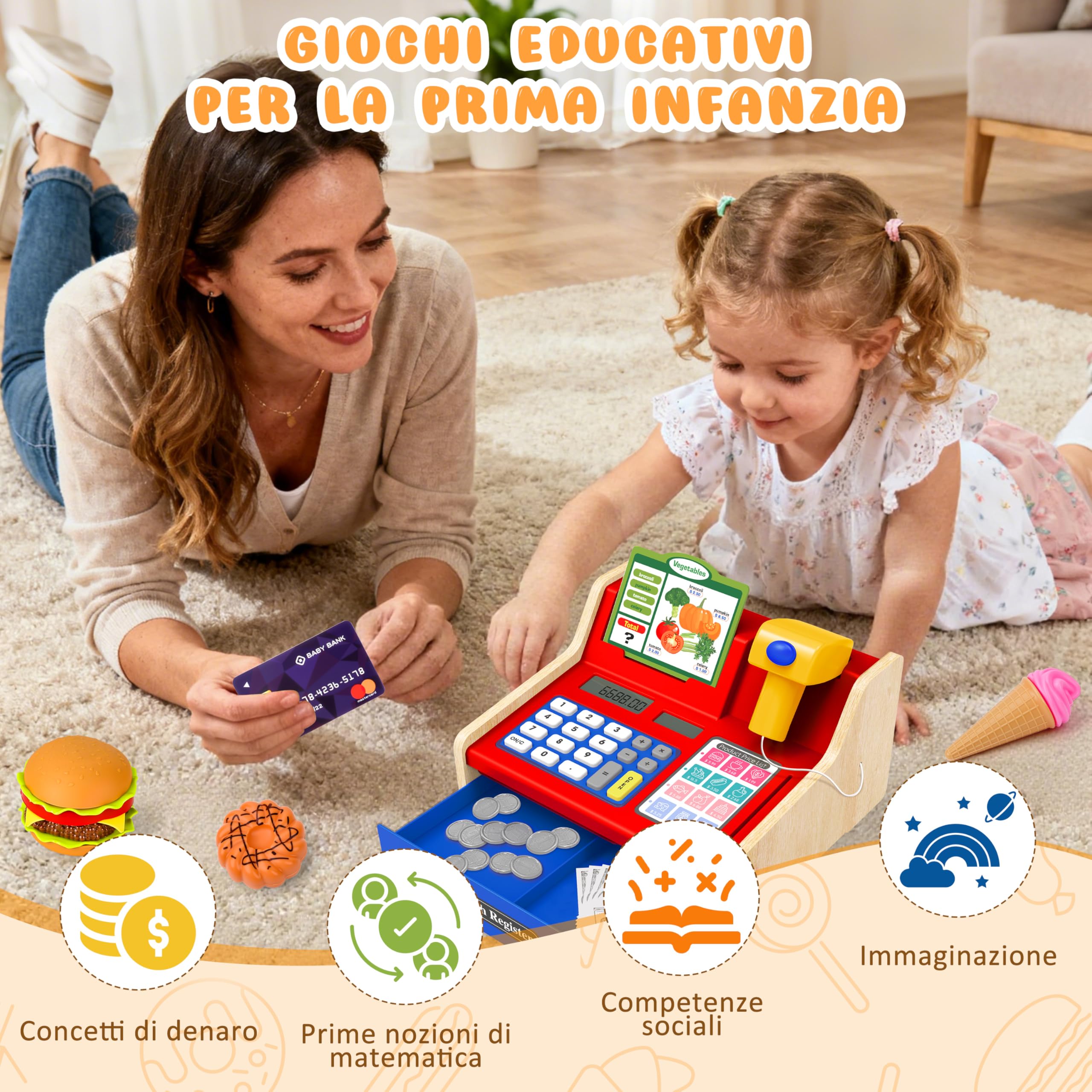 MOMOSTAR Cassa Giocattolo per Bambini, Registratore di Cassa Giocattolo con Scanner Calcolatrice, Supermercato Giocattolo con 66 Accessori, Cassa Giochi d'Imitazione Regalo per Bambini 3 4 5 6 Anni