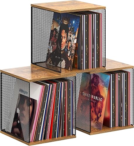 Almacenamiento de discos de vinilo de 3 cubos, apilable, 120-150 registros, visualiza, almacenamiento de álbumes, caja de almacenamiento de discos