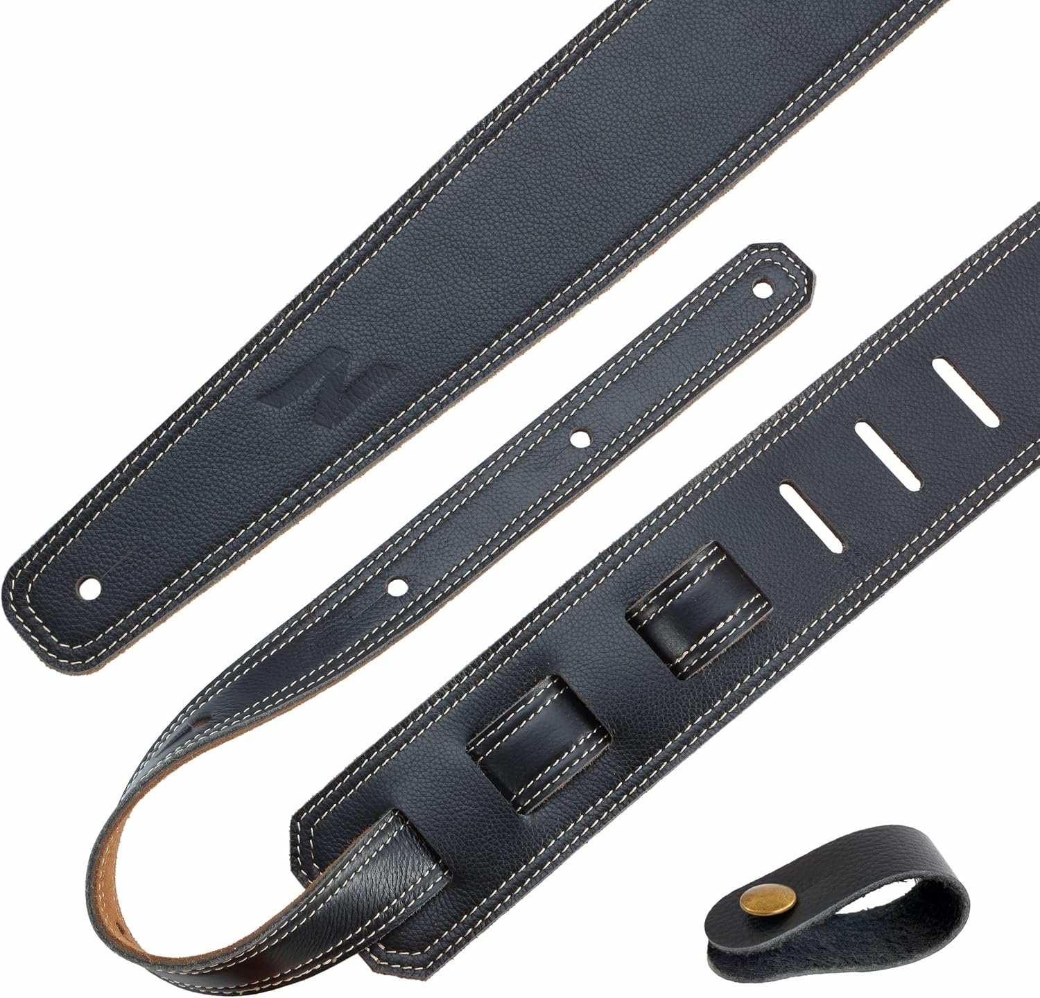Nefelibata Guitar Strap, 2.5" Wide Black Lychee Grain Leather Guitar Straps with Foam Padding and Cable Storage Loop, for Kids, Men and Women, for Acoustic, Bass and Electric Guitars-Black