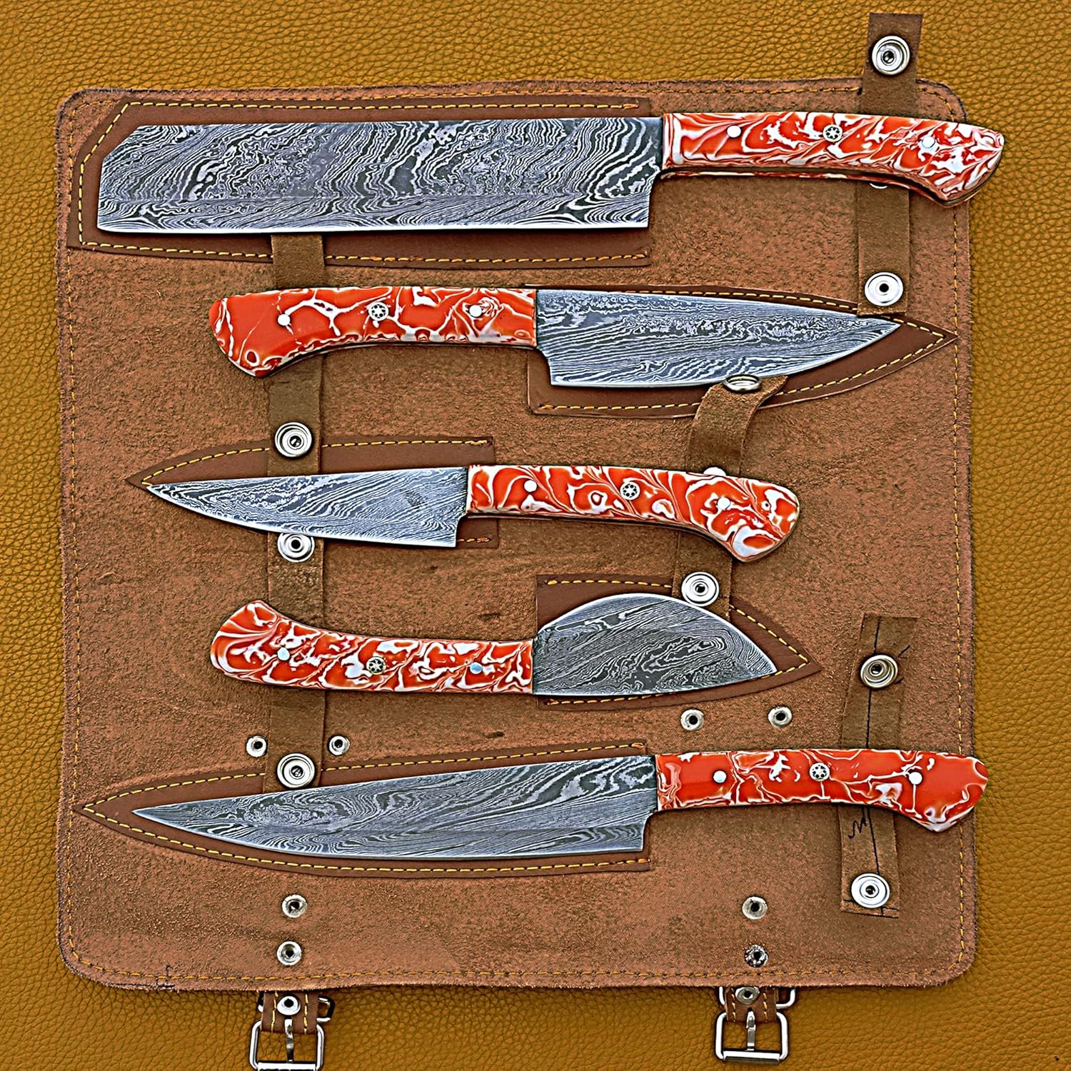 Custom Handmade Damascus Chef Knives Set / Kitchen Knives 5 Pieces Set . SS-17397 (Orange and White Resin ) (orange)